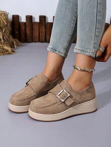 Women's Fashion Wedge Heel Thick Sole Buckle Strap Deep Cut Loafers Casual Shoes - Khaki - View 3