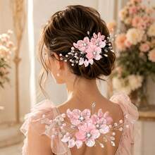 1pc Women's Gold Wire Pink Flower Handmade Rhinestone Hair Clip - Pink - View 1