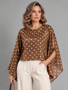 ANCHOSE Women's Spring/Autumn Brown Polka Dot Batwing Sleeve Loose Top, French Lazy Commute Daily Style - Coffee Brown - View 1