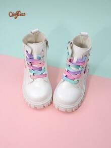 Girls' Thick Sole Non-Slip Wear-Resistant High-Top Boots With Side Zipper For Easy On/Off, Colorful Gradient Shoelaces, Heart Embroidery Pattern, Shiny PU Material, Sweet And Energetic Style, Suitable For Spring/Autumn Daily Outings And Campus Wear - White - View 7