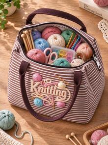 Printed Yarn, Scissors And Knitting Needles Handbag For Storing Sewing Tools, Makeup, And Small Personal Items. Multiple Fresh Striped Color Combinations, Suitable For Handmade Enthusiasts And Commuting, Artistic Handmade Healing Style, Perfect As A Practical Creative Gift Handbag For Girls Who Love Knitting And Sewing - A - View 7