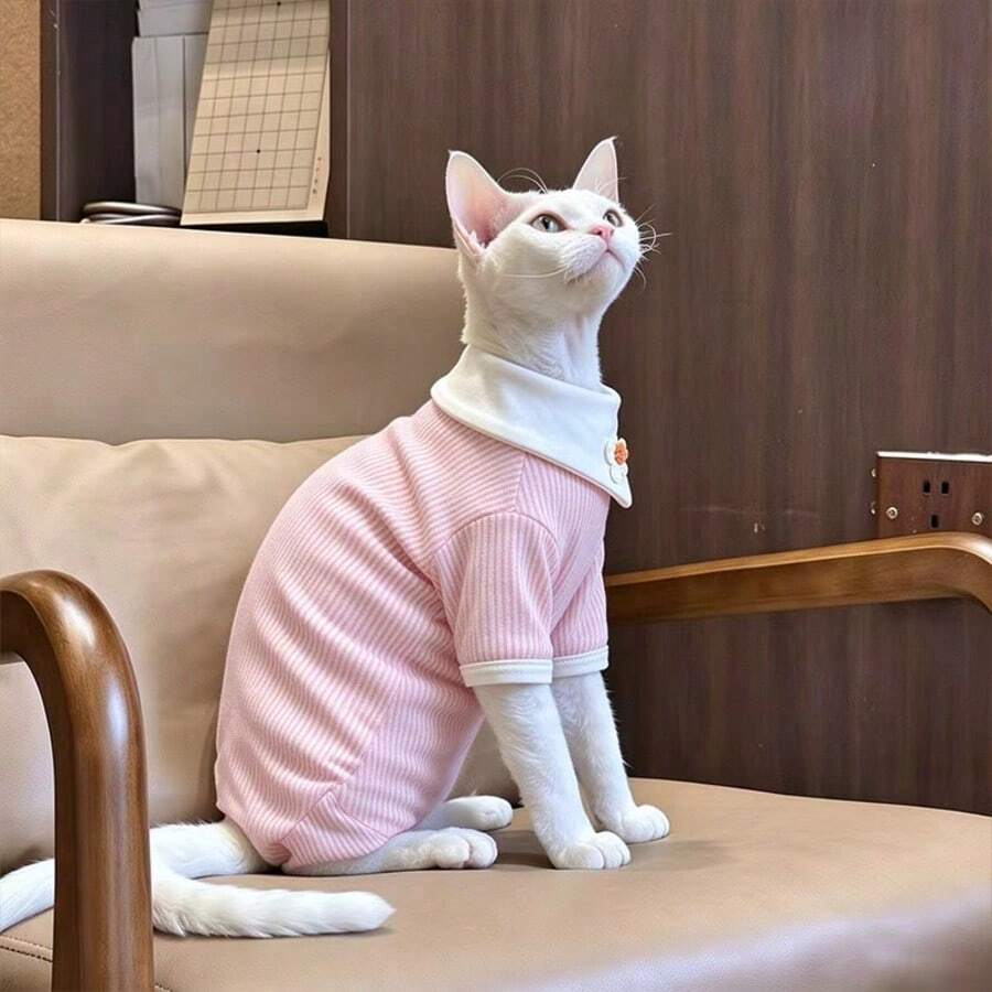 Cute Striped 4-Legged Cat Jumpsuit With Floral Collar, Soft Elastic Pet Jumpsuit With Back Buckle Design, Suitable For Hairless Cats, Devon Rex Kittens - Multicolor - View 1