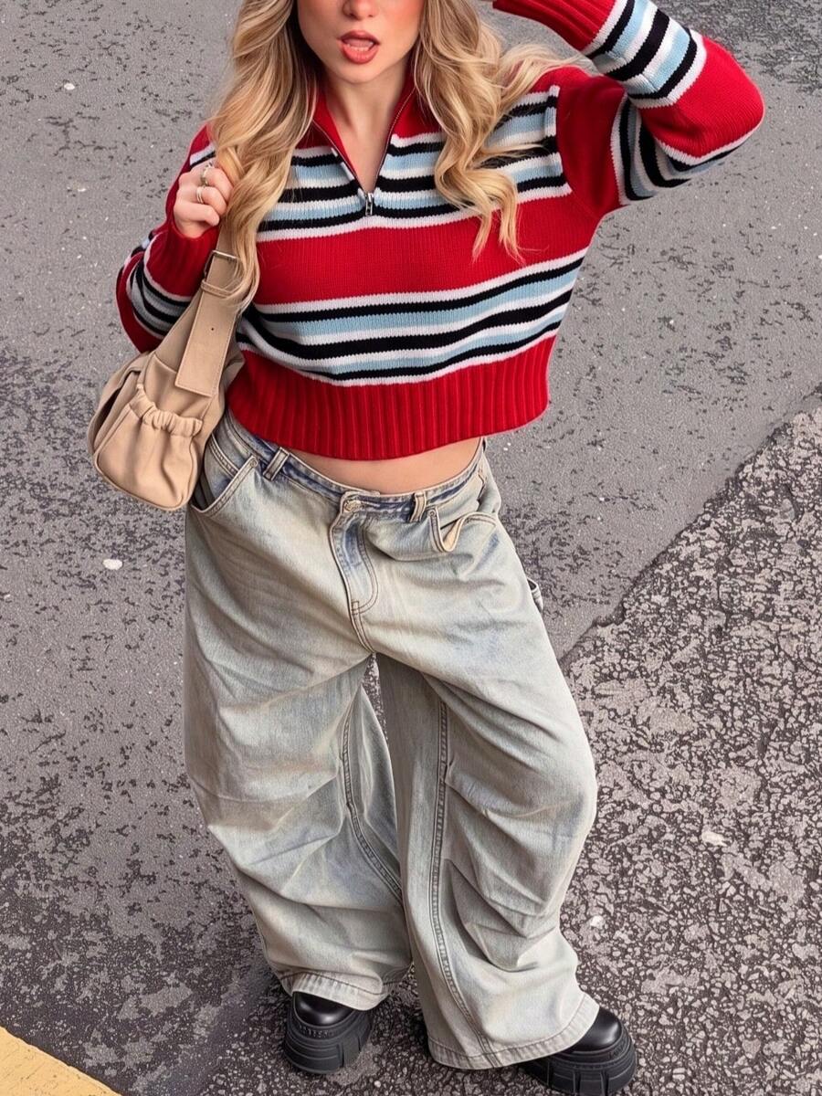 DOUCIU Chic Stripes Long Sleeve Ribbed Cardigan For Women , Polyester Medium Stretch Regular Length Top, Perfect For Winter Outfits - Red - View 1