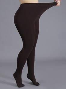 1 Pair Ladies' Thick-Fabric Warm Leggings Suitable For Autumn And Winter. Large Size. Ribbed Pantyhose. Fashionable And Simple, Perfect For Layering. - Brown - View 2