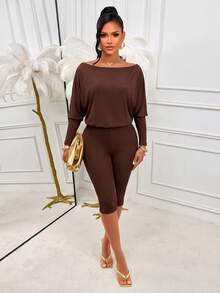 Women's Chic Off-Shoulder Knitted Jumpsuit With Long Sleeves, Capris Length, And Medium Stretch Fabric, Perfect For A Stylish Fall Guest Look - Brown - View 6