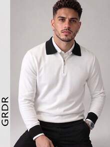 GRDR Men's Patchwork Slim Fit Regular Shoulder Zip-Up Collar Long Sleeve Sweater - White - View 2
