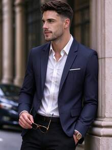 Men's Casual Lapel Single-Breasted Blazer, Elegant Suit Jacket For Spring And Autumn, Suitable For Weddings, Banquets, Business Meetings, Urban Dandy Style - Navy Blue - View 2