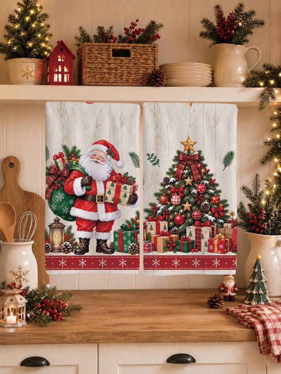 2PCS Kitchen Towel, Christmas Santa Claus & Christmas Tree Pattern Kitchen Towel Dish Cloth, American Vintage Style 40*60cm Rectangular Soft Microfiber Cleaning Kitchen Towel, Perfect For Kitchen, Dining Room And Bathroom Use, Kitchen Decor, Home Decor, Neighbor Housewarming Gift, Dish Cloth - Multicolor - View 1