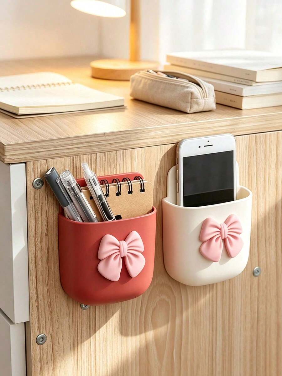 Cute Bow Wall-Mounted Storage Box, Adhesive/Screw Installation, Multi-Functional Plastic Storage Box, Suitable For Bedroom, Can Store Phone, Remote Control, Space-Saving Small Item Decorative Organizer - Multicolor - View 1