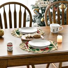 1pc/1set, Pine Tree, Bow, Plaid Pattern, Christmas Linen Placemat, Placemat Table Runner Set, 35cm Round/33*183cm Seasonal Kitchen Dining Table Decor, Christmas Home Decor - Multicolor - View 4