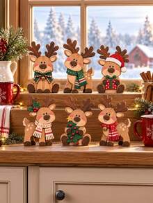 1 Set 6pcs Wooden Christmas Tabletop Decor, Cute Reindeer Decoration, Suitable For Holiday Party, Home Fireplace Decoration, Christmas Gift Decoration - Multicolor - View 7
