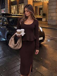 Autumn/Winter New Vintage Deep U-Neck Ruffle Hem Long Sleeve Cinched Waist Top + Slim Fit Slit Bodycon Maxi Skirt, Elegant Retro Style, Versatile Outfit For Daily Commute, Travel, Weekend Shopping, Dining And Dating - Coffee Brown - View 6