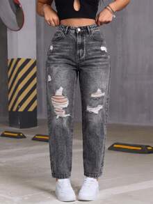 Comfortable Plus Size Slim Fit High Waist Cropped Mom Jeans, Distressed Decor, Pocket Design, Button & Zipper Fly, Suitable For Autumn Casual Wear And Halloween Outfit - Black - View 2