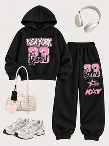 Girls 2pcs Set Warm Thick Thermal Lining Hooded Sweatshirt And Joggers, Student Children Clothing, Suitable For Children Autumn/Winter Long Sleeve Outfit - Black - View 4