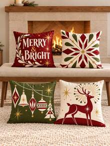 4 Buah Sarung Bantal Geometris Vintage Natal, Tulisan Merry & Bright, Pola Kepingan Salju, Ornamen & Rusa Kutub, Dekorasi Sofa Kamar Tidur Gaya Modern Pertengahan Abad Amerika, Cetakan Satu Sisi Super Lembut Imitasi, Isian Bantal Tidak Termasuk - MultiWarna - View 3