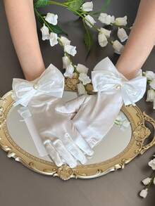 1 Pair Girls Spring/Summer Thin Lolita Bride Cosplay Lace Gloves With Bowknot, Versatile - White - View 1