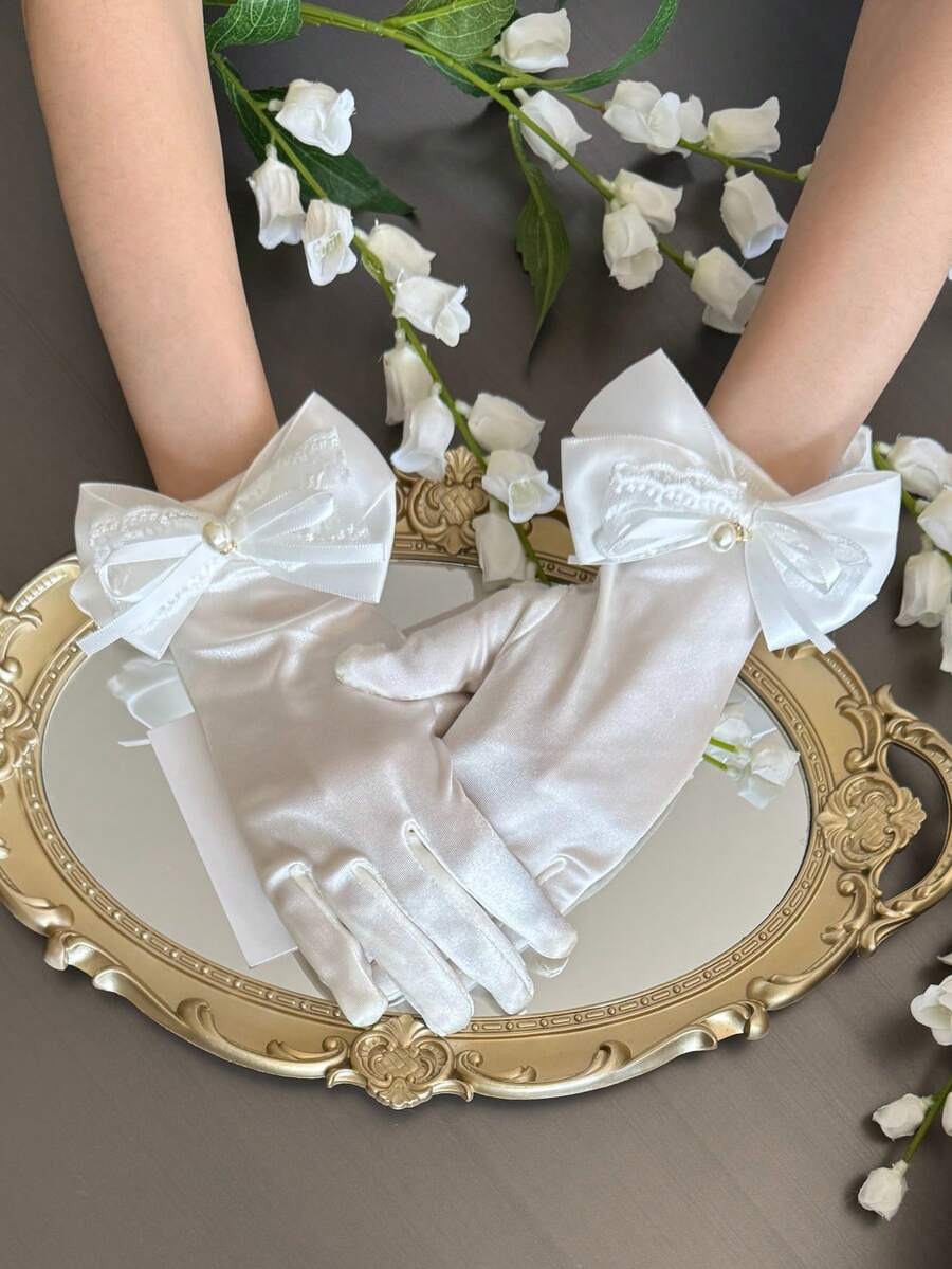 1 Pair Girls Spring/Summer Thin Lolita Bride Cosplay Lace Gloves With Bowknot, Versatile - White - View 1