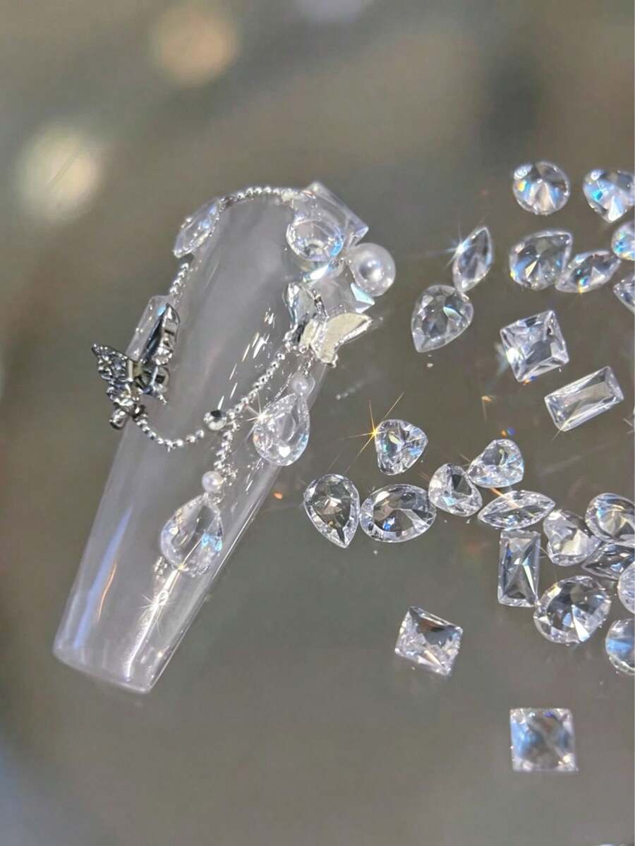 50pcs Mini Transparent Pointed Bottom Rhinestones, Super Shiny Rectangular Water Drop Nail Art Micro Rhinestones, Ice Clear Marquise Crystal Decorations Suitable For Nail Art Enthusiasts Collection, Also For Women And Girls DIY - Multicolor - View 1