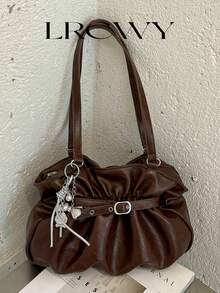 Women's Shoulder Tote Bag Fashion Pleated Bag Elegant Personalized Fashion Large Capacity Coffee Color Bag Bowknot Pendant - Coffee Brown - View 2