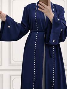 Women's Pearl Beaded Open Front Abaya, Long Flare Sleeve Belted Maxi Outerwear, Elegant Modest Long Robe - Multicolor - View 2