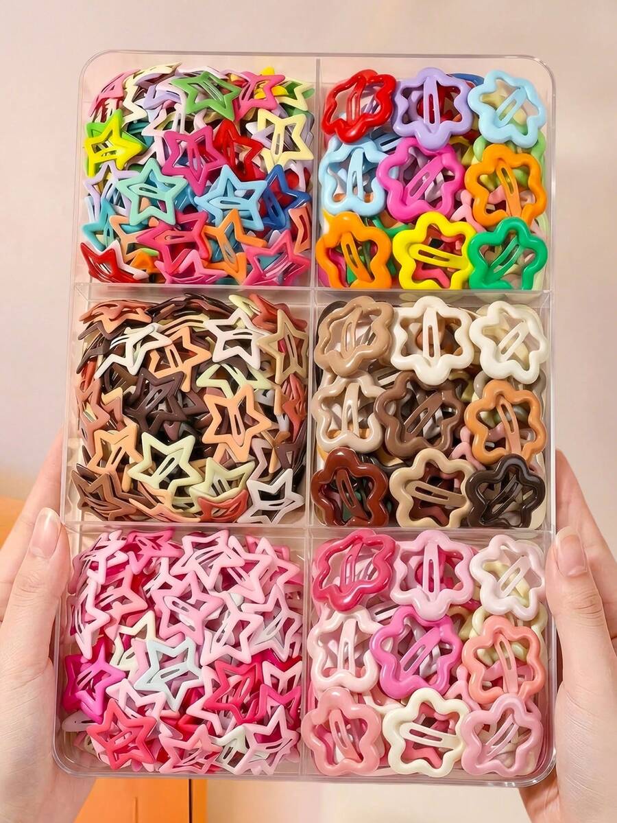 100/60/30/10入彩色Y2K星星與花朵混款BB髮夾,基礎耐用不傷髮髮飾,甜美可愛女孩與兒童適用,適合日常穿搭、度假、上學 - 彩色 - 查看 1