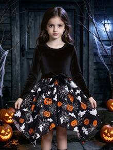 Girls' Halloween Long Sleeve Velvet Dress With Matching Cinched Waist Design, Pumpkin Ghost And Spider Web Print, Asymmetrical Hem, Festive Halloween Party - Black - View 3