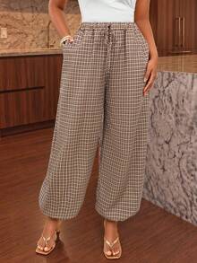 Quần jogger nữ họa tiết kẻ caro vintage có túi, vải dệt dáng rộng cho trang phục mùa thu - màu nâu - Xem 1