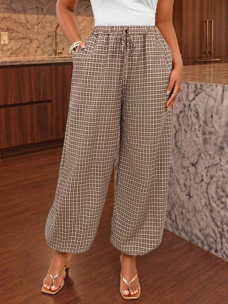 Quần jogger nữ họa tiết kẻ caro vintage có túi, vải dệt dáng rộng cho trang phục mùa thu - màu nâu - Xem 1
