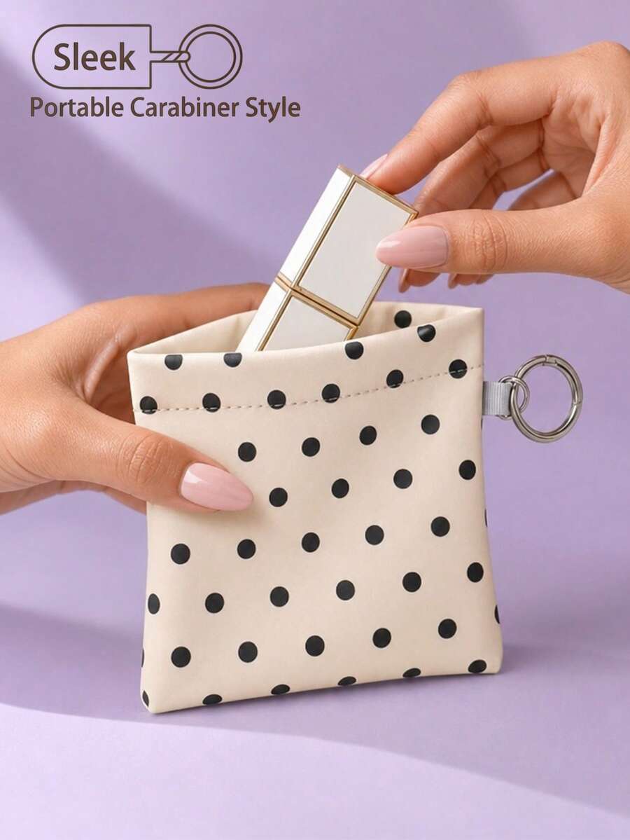 1pc Soft PU Polka Dot Cosmetic Storage Bag, Hanging Hook Design For Easy Carrying, Squeeze Top Small Makeup Bag, Fashionable Minimalist Coin Purse, Earphone, Lipstick, Key, Coin Storage Bag, Unisex, Travel Essential, Travel Accessory - Multicolor - View 1