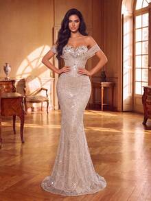 Luxury Beaded Sequin Mermaid Evening Gown, Cold Shoulder Sheer Overlay, Rhinestone Embellished, Suitable For Gala, Wedding, Red Carpet Events And High-End Parties - Champagne - View 4