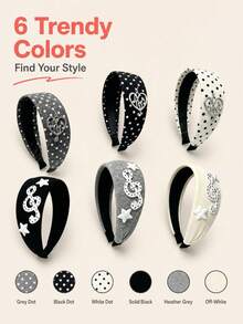 1pc Music Theme Headband, Knitted Fabric With 3D Musical Note, Star Patch Headband, Polka Dot Fabric With Metal Heart-Shaped Musical Note Pendant, Black White Grey Color Scheme, Suitable For People Who Like Simple And Gentle Style, Daily Wear, School, Commute, Travel And More - Multicolor - View 3