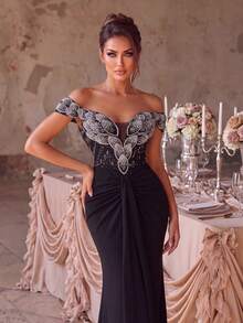 Elegant Cold Shoulder Sequin Mermaid Gown With Applique Decor And Lace-Up Back Detail, Suitable For Parties And Formal Occasions - Black - View 9