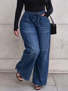 Women's Plus Size Loose Straight Leg Denim Jeans With Drawstring Waist And Pockets, Perfect For Casual Everyday Wear - Blue - View 1