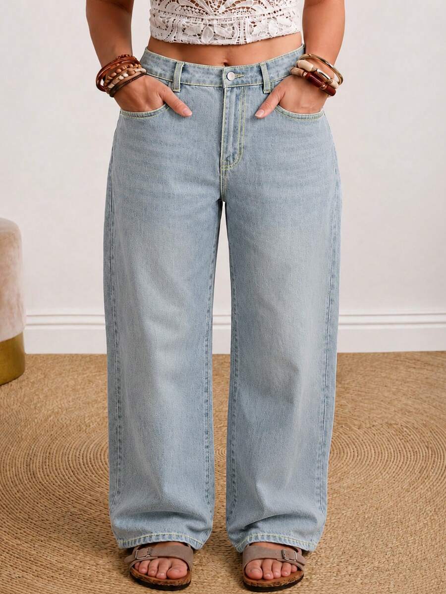 Women's Plus Size Denim Boyfriend Jeans, Light Wash, Button Detail, Non-Stretch Extended Length, Creating Loose Commuter Style - Blue - View 1