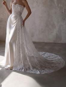 1pc Detachable Lace Train Bridal Overskirt, White Tulle Lace Wedding Cover Skirt, Suitable For Outdoor Weddings And Photography - White - View 5