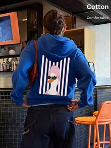 Autumn Casual Lightweight Hoodie, Back Printed With Fashion Glasses Duck Pattern, Vertical Stripe Background, Y2K Basic Style - Multi-blue 1 - View 7