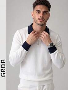 GRDR Men's Patchwork Slim Fit Regular Shoulder Zip-Up Collar Long Sleeve Sweater - White - View 4