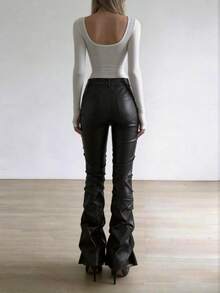 Women's High Waist Shiny PU Leather Wide Leg Pants, Glossy Matte Coating, Commute, Best Seller, Popular Style, Y2K, Commute, Vacation, Holiday - Black - View 2