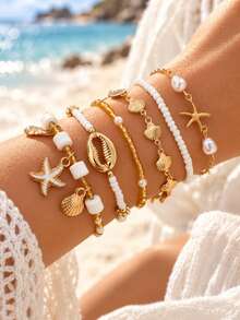 6pcs Bohemian Shell & Starfish Beaded Bracelet, Beach Jewelry - Multicolor - View 1
