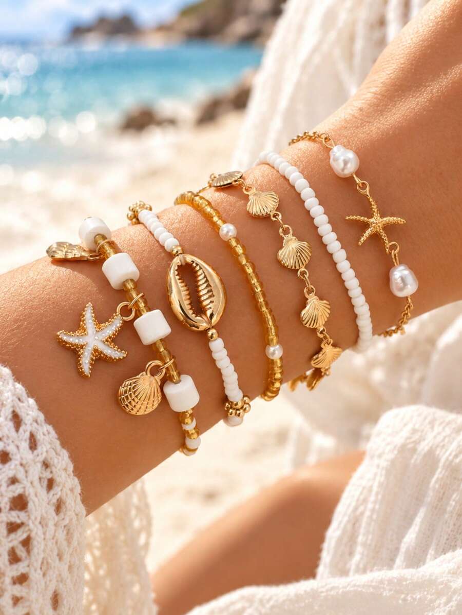 6pcs Bohemian Shell & Starfish Beaded Bracelet, Beach Jewelry - Multicolor - View 1