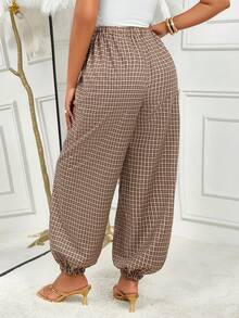 Quần jogger nữ họa tiết kẻ caro vintage có túi, vải dệt dáng rộng cho trang phục mùa thu - màu nâu - Xem 2
