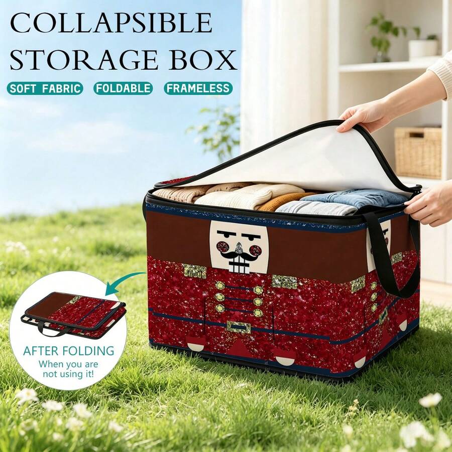 1pc 2D Foldable Zipper Storage Bag, Christmas Theme Nutcracker Soldier Pattern Print, Thickened Large Capacity Organizer With Reinforced Handle, Suitable For Clothing, Bedding, Cosmetics, Wardrobe, Under Bed Storage, Car Trunk, Office Moving - View 1