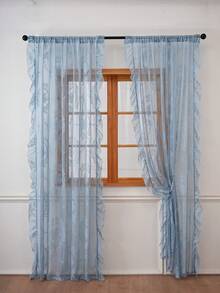 1pc Luxury French Country Style Round Floral Lace Trim Curtain Sheer Partition Curtain Holiday Decoration - Dusty Blue - View 1