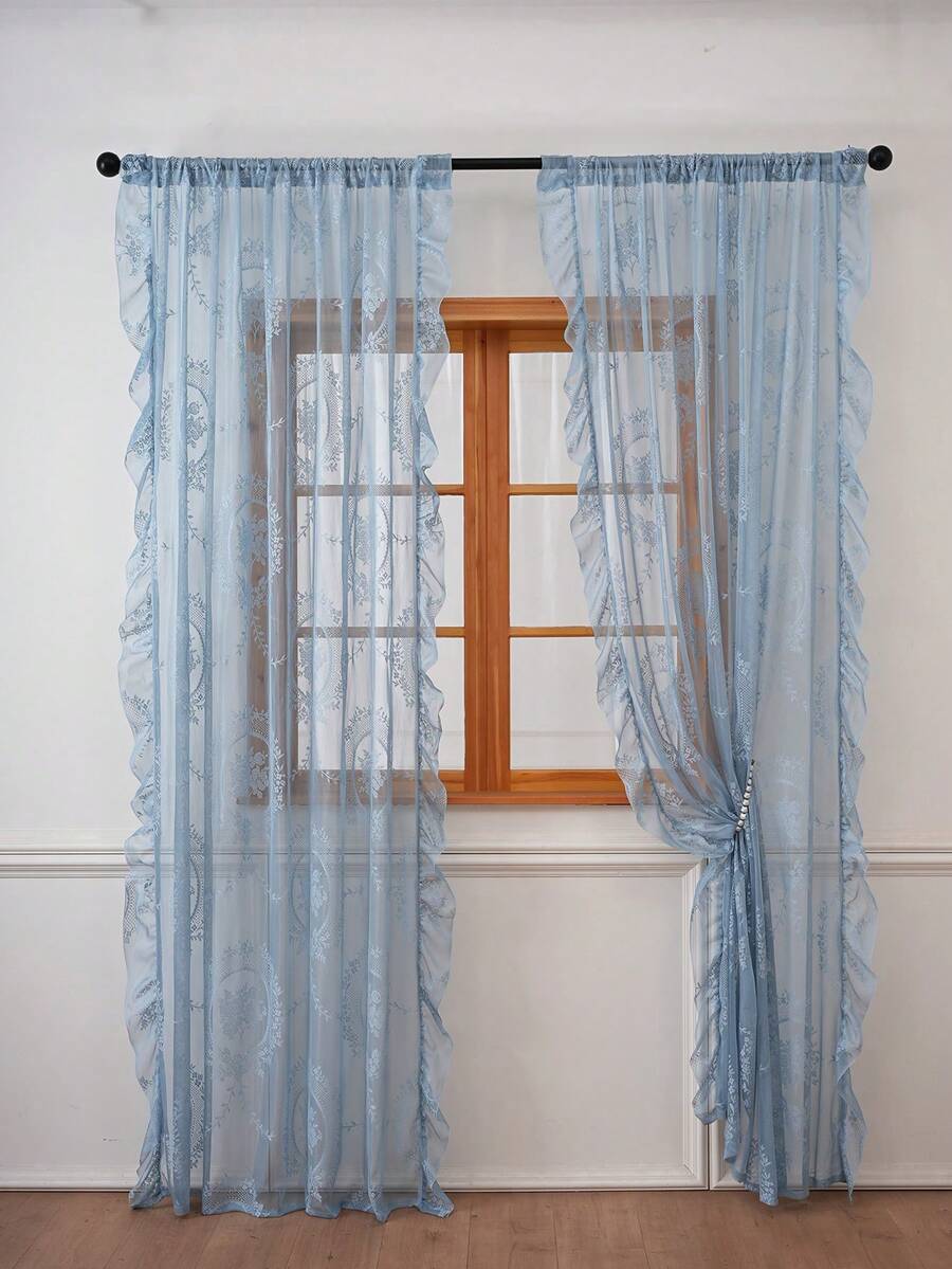 1pc Luxury French Country Style Round Floral Lace Trim Curtain Sheer Partition Curtain Holiday Decoration - Dusty Blue - View 1