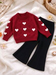 WUHUANG YIYI Girls 2-Piece Set Chinese Style Solid Color Cable Knit Diamond Texture White Heart Cable Raglan Sleeve Knit Sweater Top With Vertical Ribbed Black Knit Flared Long Pants Outfit, Festive Holiday Style, Versatile For Autumn/Winter - Red - View 7