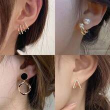 8pcs Minimalist Cool Style Metal Geometric Pearl Elegant Stud Earrings Fashion Versatile Earring Set - Gold - View 2