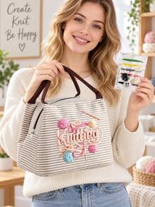 Printed Yarn, Scissors And Knitting Needles Handbag For Storing Sewing Tools, Makeup, And Small Personal Items. Multiple Fresh Striped Color Combinations, Suitable For Handmade Enthusiasts And Commuting, Artistic Handmade Healing Style, Perfect As A Practical Creative Gift Handbag For Girls Who Love Knitting And Sewing - A - View 10
