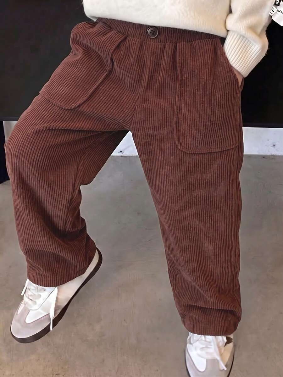 1pc 4-7 Years Old Girls Drape Wide Leg Pants, Elastic Waist Versatile Corduroy Long Pants With Large Pockets, Spring Summer Autumn New Style - Brown - View 1