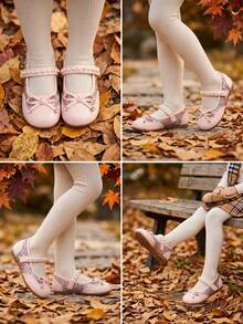 1 Pair Pink Glitter Mary Jane Shoes For Girls, Pearl Strap Bow Rhinestone Princess Flat Shoes, Spring/Autumn Party Shoes, Suitable For Infants And Toddlers Daily Wear - Pink - View 5