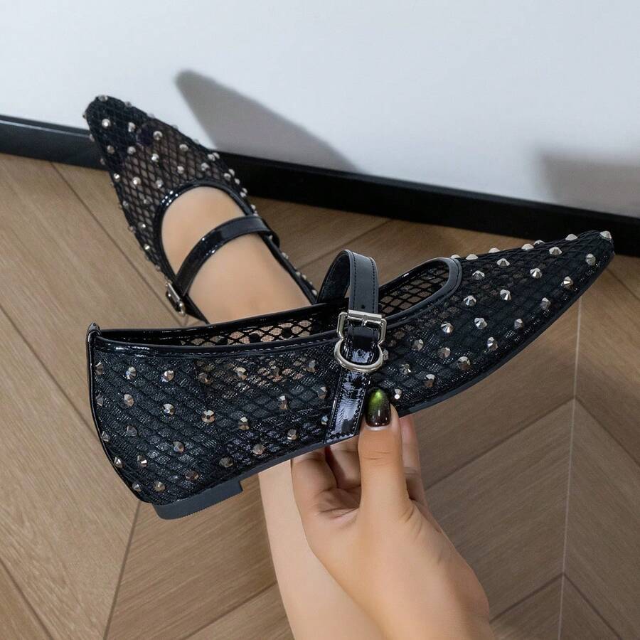 Black Mesh Rhinestone Pointed Toe Flat Shoes For Women, Bowknot Low Vamp Breathable Evening Party Shoes With Pure Metal Rhinestones